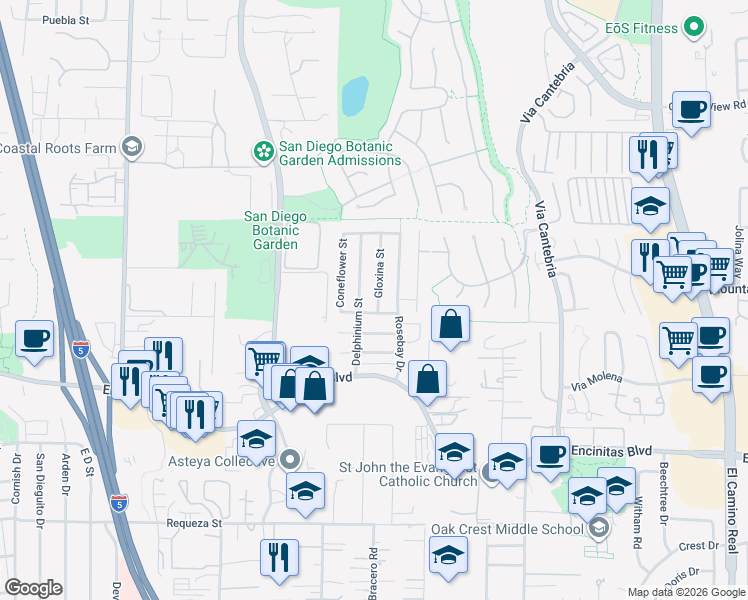 map of restaurants, bars, coffee shops, grocery stores, and more near 214 Gloxina Street in Encinitas