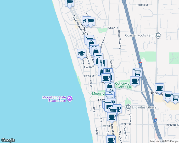 map of restaurants, bars, coffee shops, grocery stores, and more near 338 Sylvia Street in Encinitas