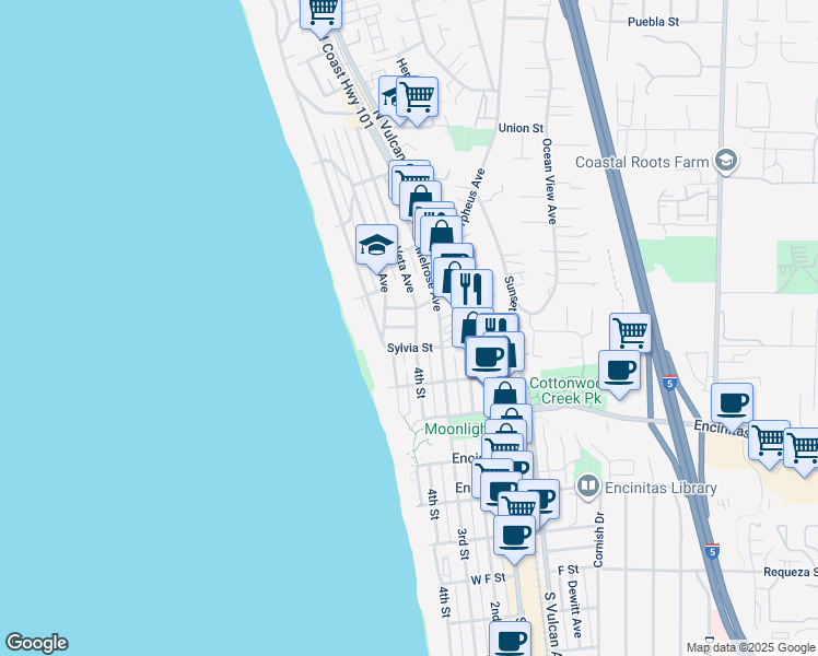 map of restaurants, bars, coffee shops, grocery stores, and more near 338 Sylvia Street in Encinitas