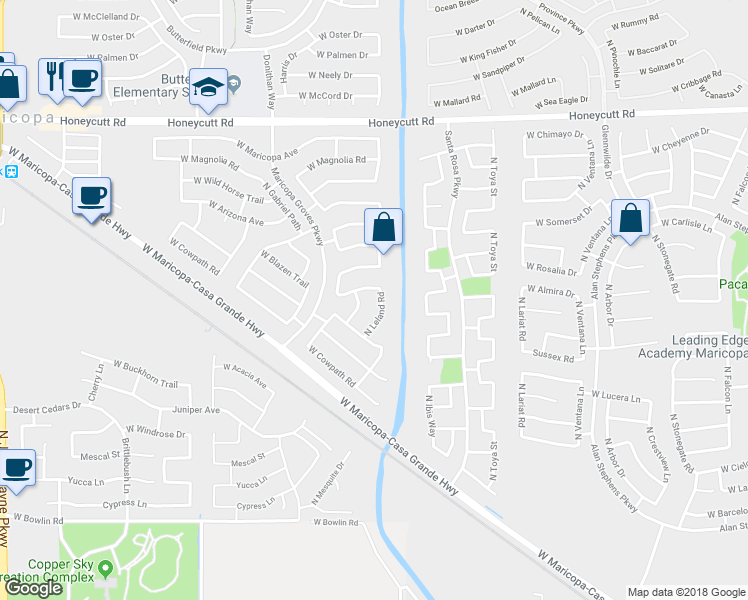 map of restaurants, bars, coffee shops, grocery stores, and more near 18932 North Leland Road in Maricopa