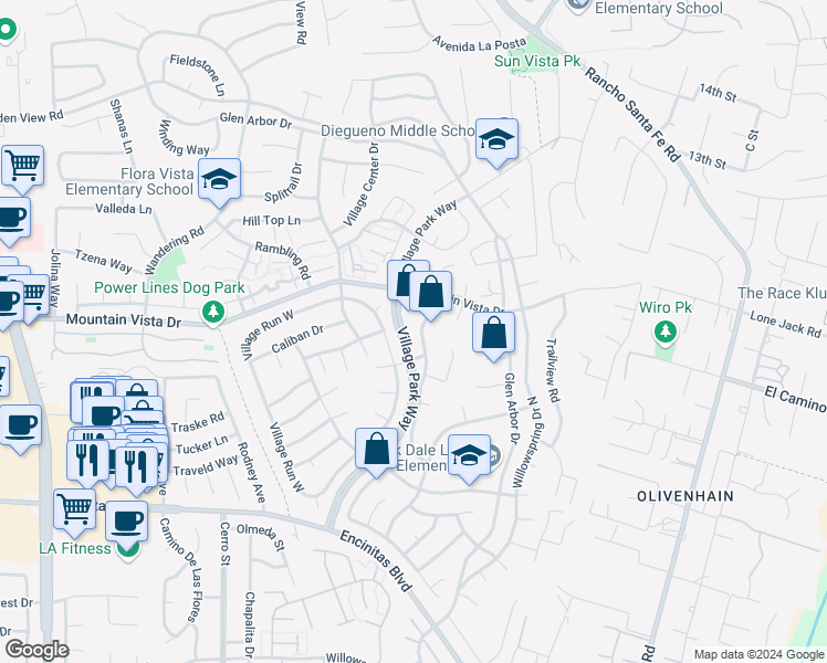 map of restaurants, bars, coffee shops, grocery stores, and more near 324 Countrywood Lane in Encinitas