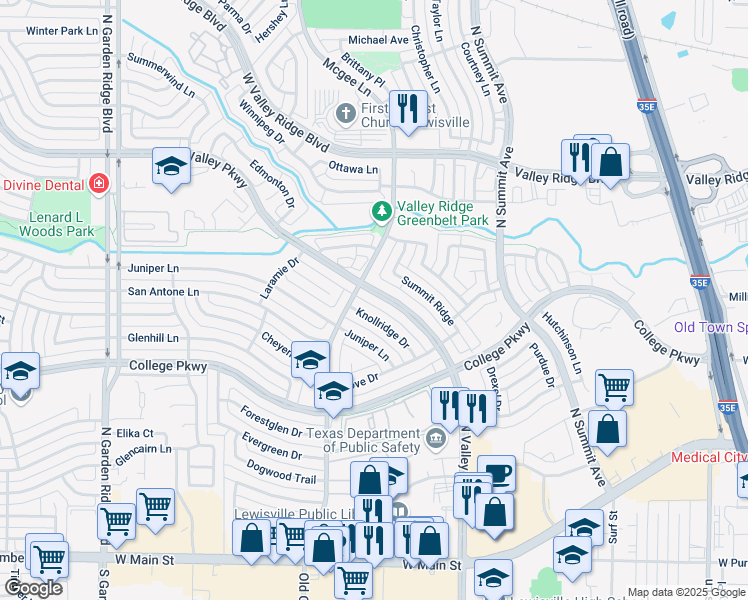 map of restaurants, bars, coffee shops, grocery stores, and more near 768 North Valley Parkway in Lewisville