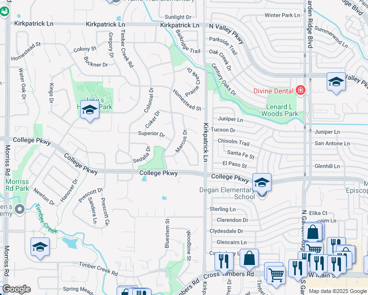 map of restaurants, bars, coffee shops, grocery stores, and more near 1152 Prospect Drive in Flower Mound