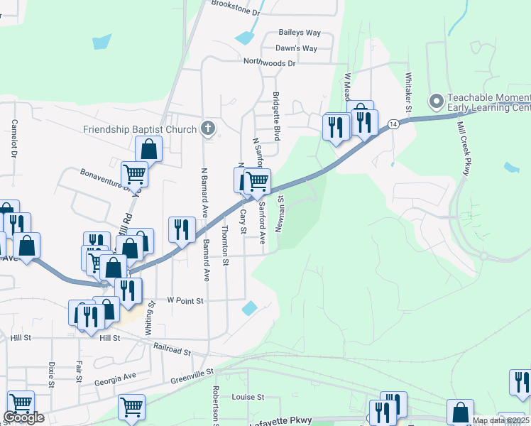 map of restaurants, bars, coffee shops, grocery stores, and more near 16 Sanford Avenue in LaGrange