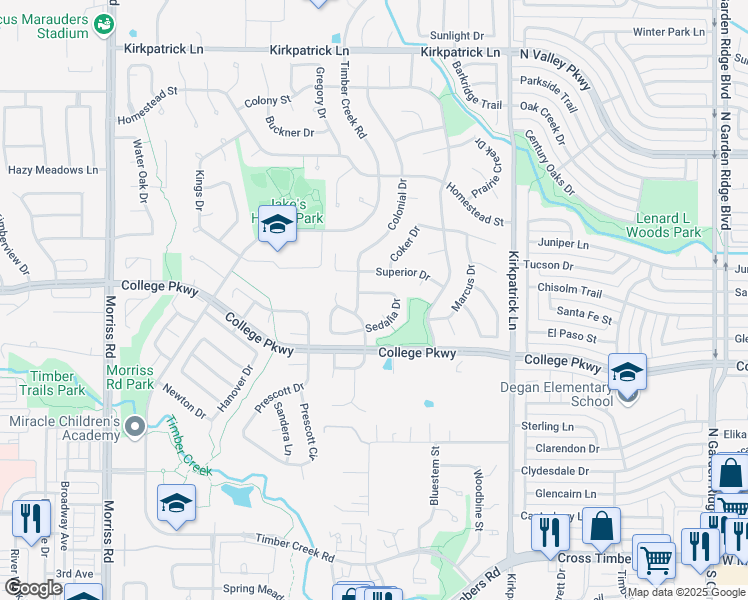 map of restaurants, bars, coffee shops, grocery stores, and more near 1460 Sedalia Drive in Flower Mound