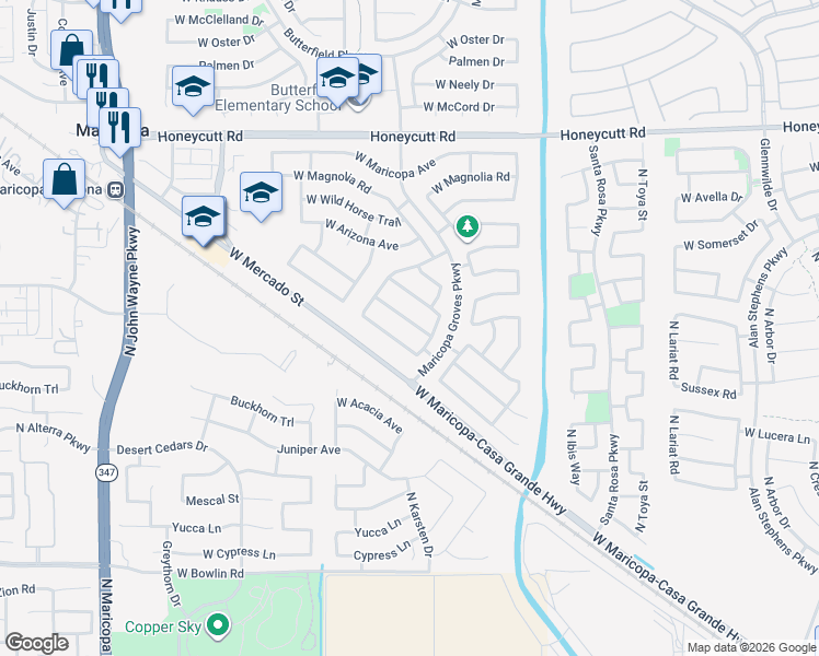 map of restaurants, bars, coffee shops, grocery stores, and more near 43565 West Elizabeth Avenue in Maricopa