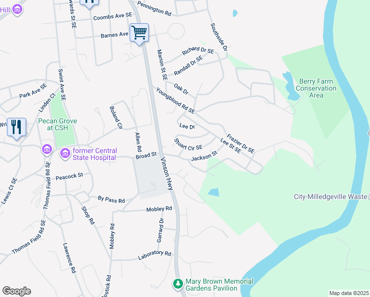 map of restaurants, bars, coffee shops, grocery stores, and more near 109 Gilman Street Southeast in Milledgeville
