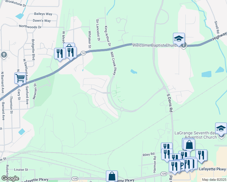 map of restaurants, bars, coffee shops, grocery stores, and more near 230 River Meadow Drive in LaGrange