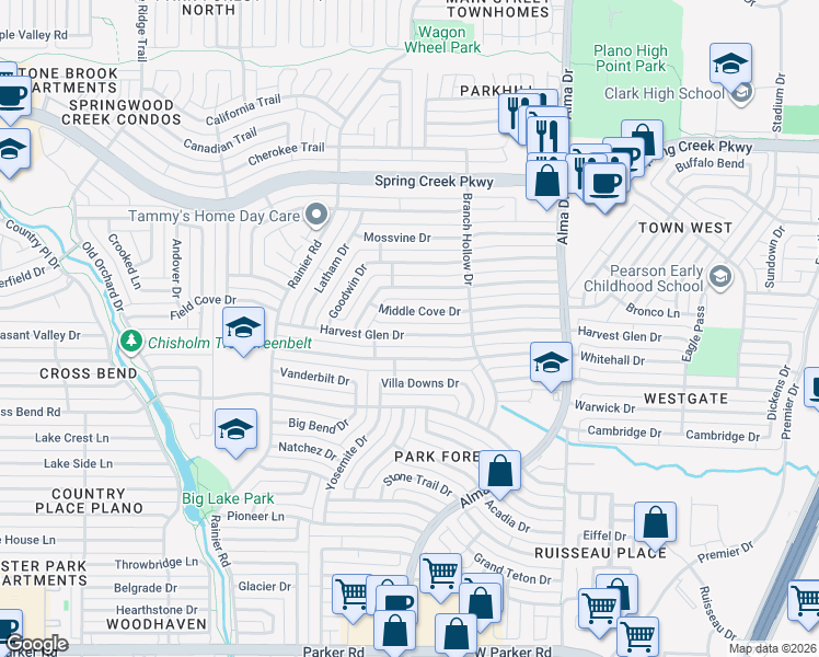map of restaurants, bars, coffee shops, grocery stores, and more near 1112 Harvest Glen Drive in Plano