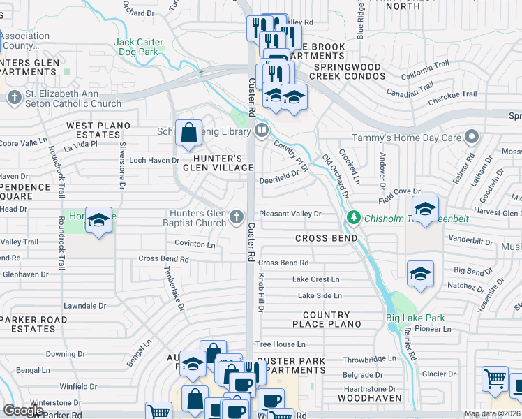 map of restaurants, bars, coffee shops, grocery stores, and more near 2000 Pleasant Valley Drive in Plano