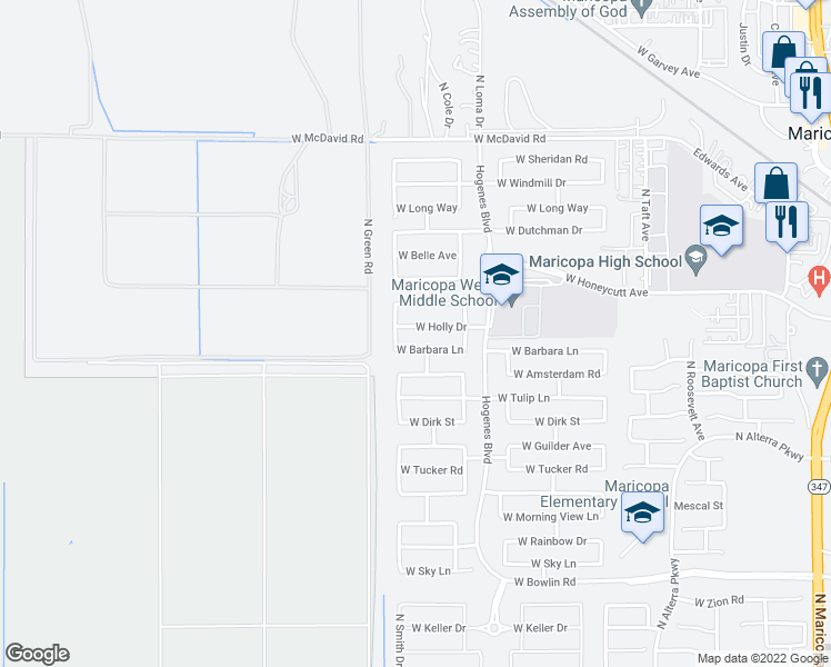 map of restaurants, bars, coffee shops, grocery stores, and more near 46129 West Holly Drive in Maricopa