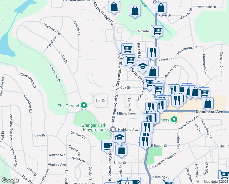 map of restaurants, bars, coffee shops, grocery stores, and more near 251 Beechwood Circle in LaGrange