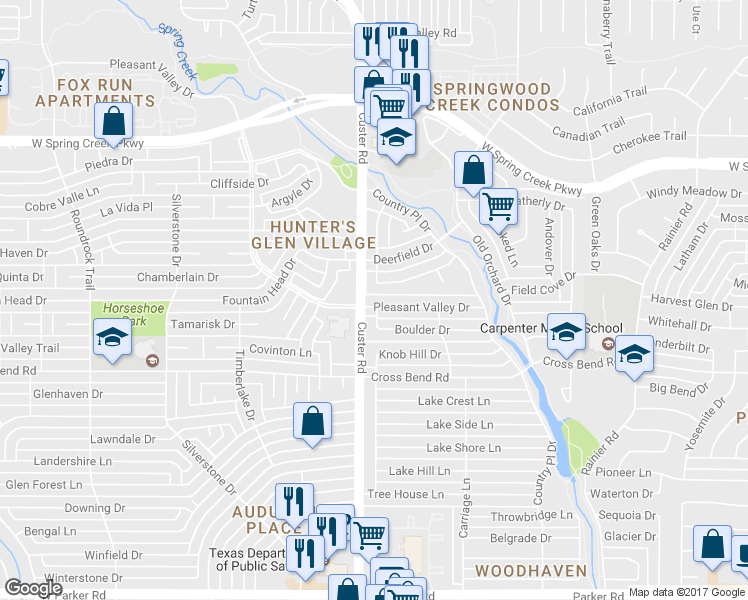 map of restaurants, bars, coffee shops, grocery stores, and more near 2000 Pleasant Valley Drive in Plano