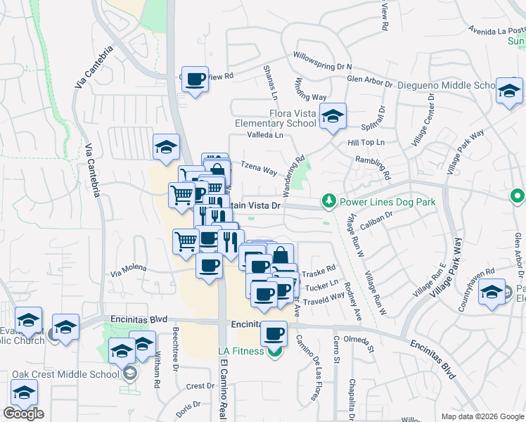 map of restaurants, bars, coffee shops, grocery stores, and more near 1510 Tennis Match Way in Encinitas
