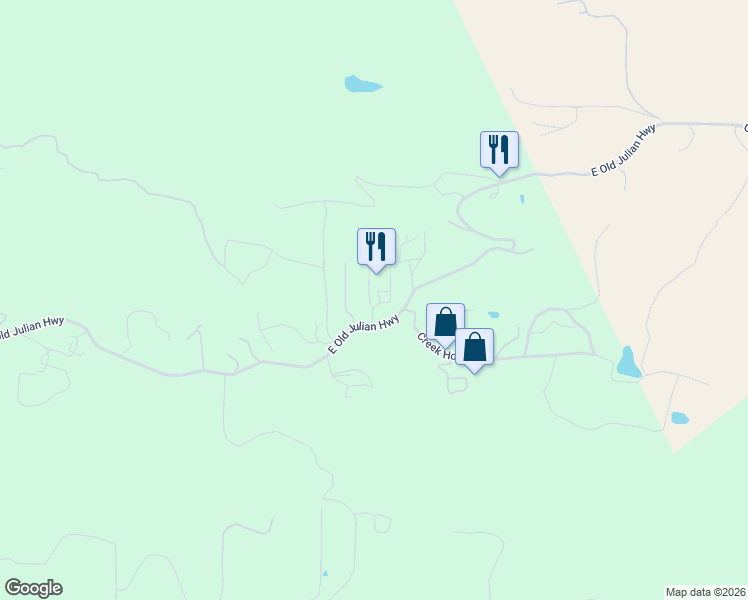 map of restaurants, bars, coffee shops, grocery stores, and more near 25260 East Old Julian Highway in Ramona