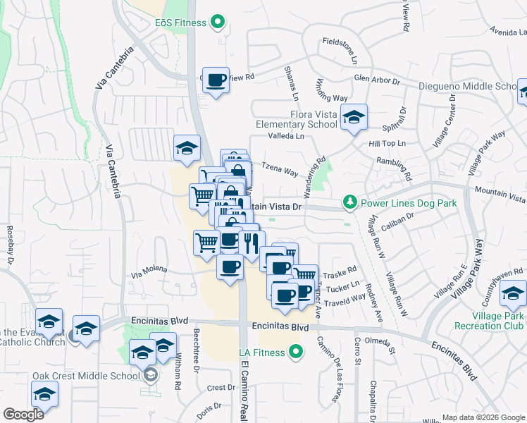 map of restaurants, bars, coffee shops, grocery stores, and more near 1440 Tennis Match Way in Encinitas