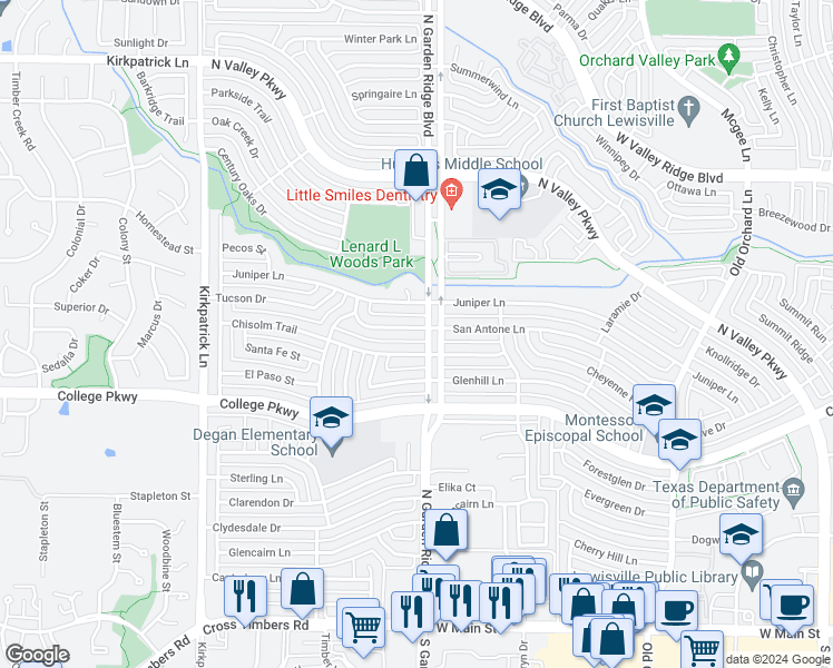map of restaurants, bars, coffee shops, grocery stores, and more near 1608 San Antone Lane in Lewisville