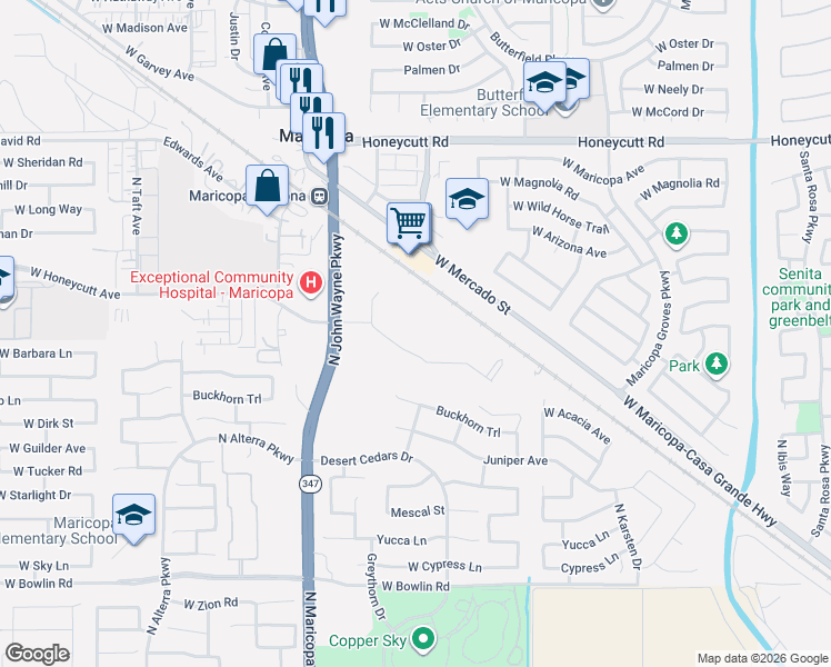 map of restaurants, bars, coffee shops, grocery stores, and more near 44390 Buckhorn Trail in Maricopa