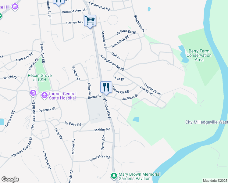 map of restaurants, bars, coffee shops, grocery stores, and more near 109 Gilman Street Southeast in Milledgeville