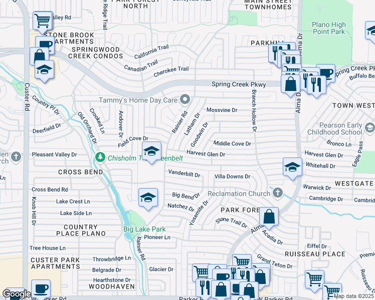 map of restaurants, bars, coffee shops, grocery stores, and more near 1429 Whitehall Drive in Plano
