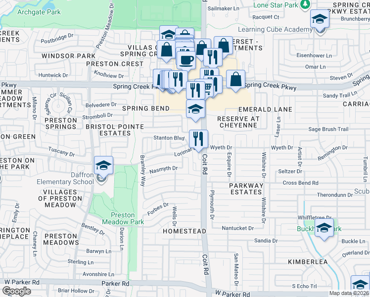 map of restaurants, bars, coffee shops, grocery stores, and more near 4100 Lorimar Drive in Plano