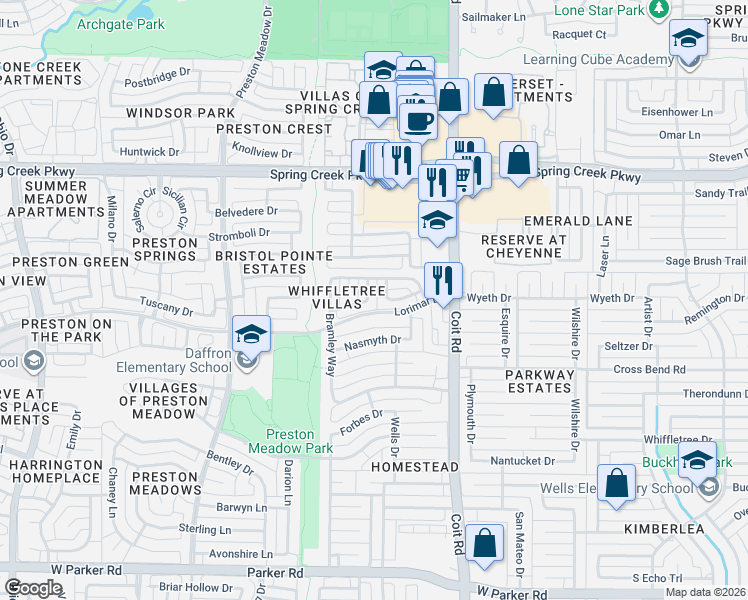 map of restaurants, bars, coffee shops, grocery stores, and more near 4204 Lorimar Drive in Plano
