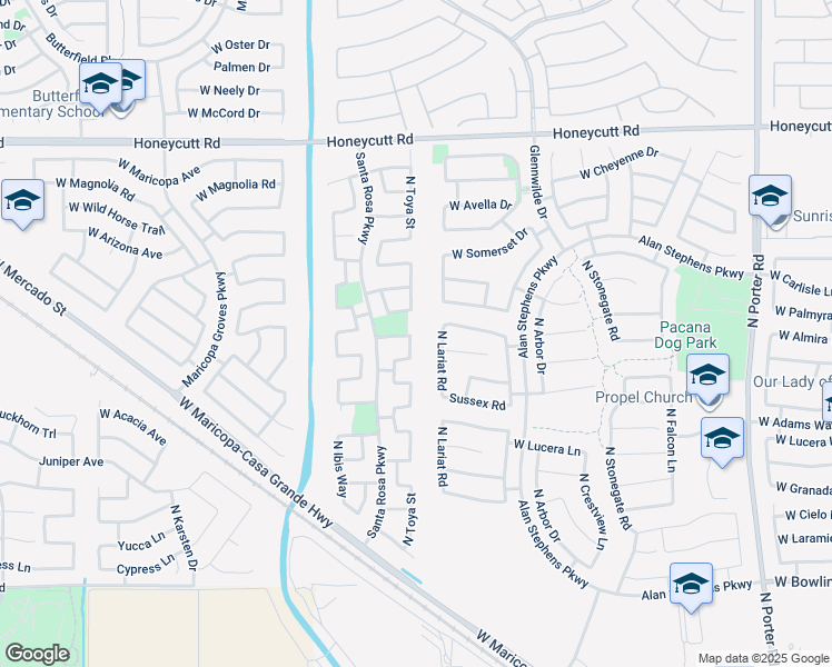 map of restaurants, bars, coffee shops, grocery stores, and more near 18945 North Toya Street in Maricopa
