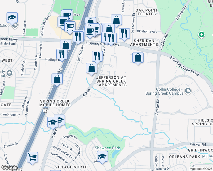 map of restaurants, bars, coffee shops, grocery stores, and more near 5000 K Avenue in Plano