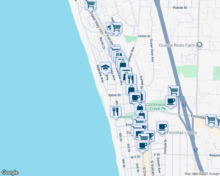 map of restaurants, bars, coffee shops, grocery stores, and more near 238 Lolita Street in Encinitas