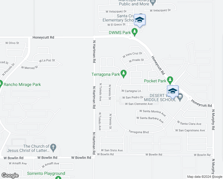 map of restaurants, bars, coffee shops, grocery stores, and more near 18949 North Vemto Street in Maricopa