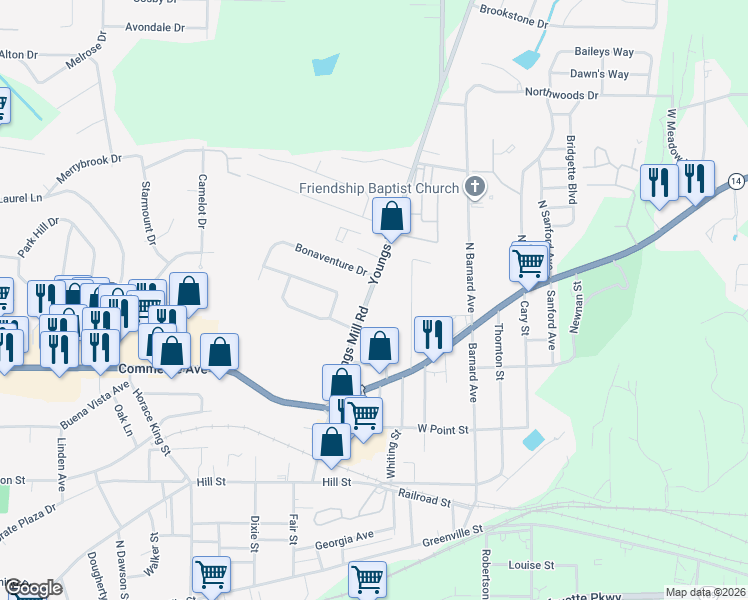 map of restaurants, bars, coffee shops, grocery stores, and more near 157 Youngs Mill Road in LaGrange