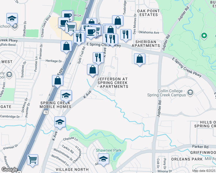 map of restaurants, bars, coffee shops, grocery stores, and more near 5000 K Avenue in Plano