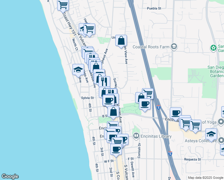 map of restaurants, bars, coffee shops, grocery stores, and more near 147 North Vulcan Avenue in Encinitas