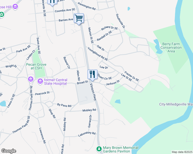 map of restaurants, bars, coffee shops, grocery stores, and more near 130 Stuart Circle Southeast in Milledgeville