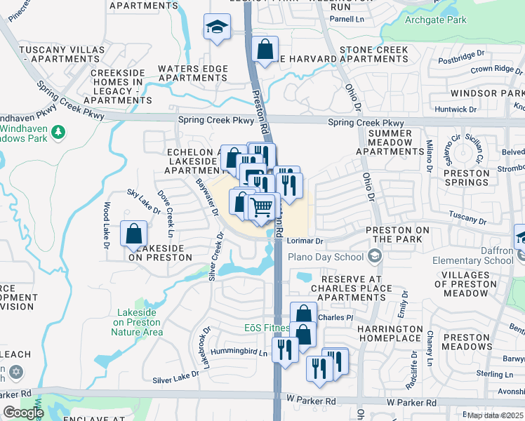 map of restaurants, bars, coffee shops, grocery stores, and more near 4021 Preston Road in Plano