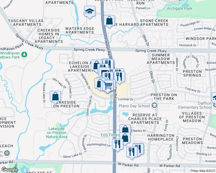 map of restaurants, bars, coffee shops, grocery stores, and more near 4021 Preston Road in Plano
