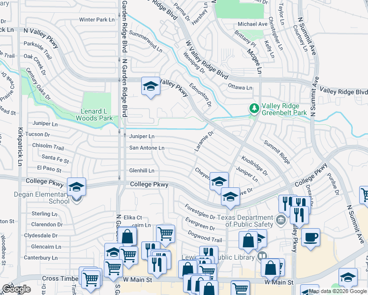map of restaurants, bars, coffee shops, grocery stores, and more near 1432 Juniper Lane in Lewisville