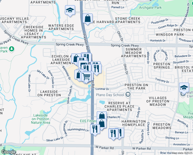 map of restaurants, bars, coffee shops, grocery stores, and more near 4040 Preston Rd in Plano