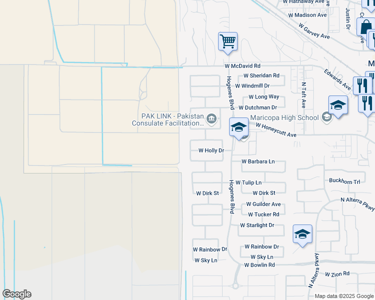 map of restaurants, bars, coffee shops, grocery stores, and more near 19008 Smith Drive in Maricopa