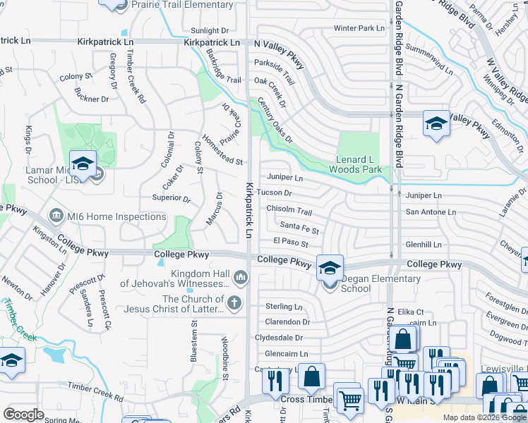 map of restaurants, bars, coffee shops, grocery stores, and more near 706 Reno Street in Lewisville