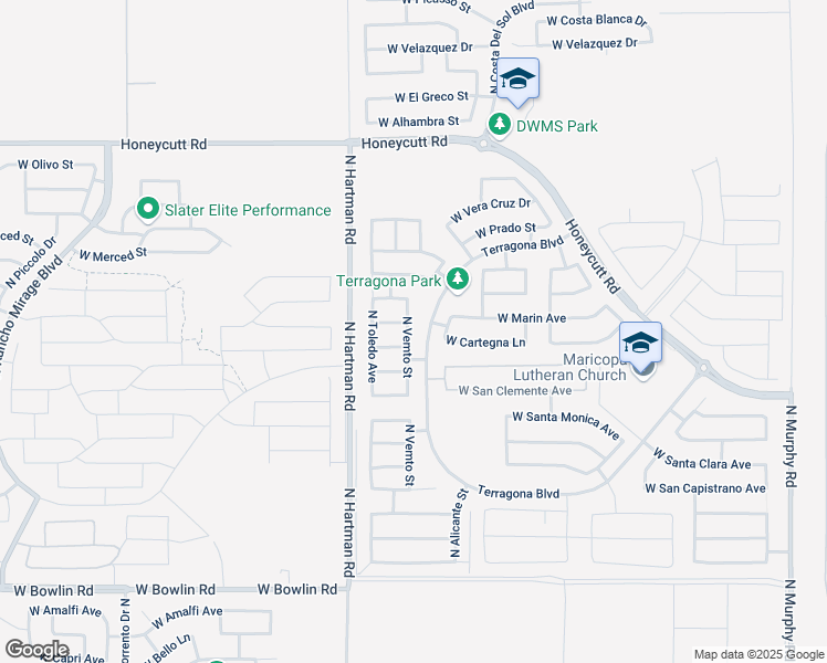map of restaurants, bars, coffee shops, grocery stores, and more near 18963 North Vemto Street in Maricopa