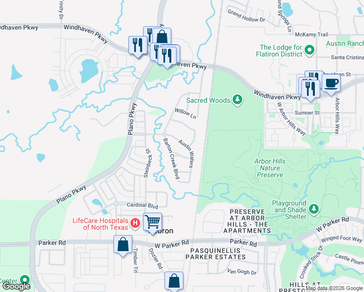 map of restaurants, bars, coffee shops, grocery stores, and more near 5820 Austin Waters in Carrollton