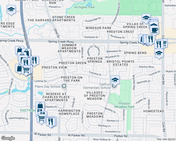 map of restaurants, bars, coffee shops, grocery stores, and more near 4001 Martina Court in Plano