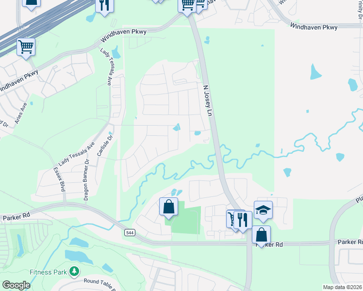 map of restaurants, bars, coffee shops, grocery stores, and more near 1421 Prairie Lake Court in Lewisville