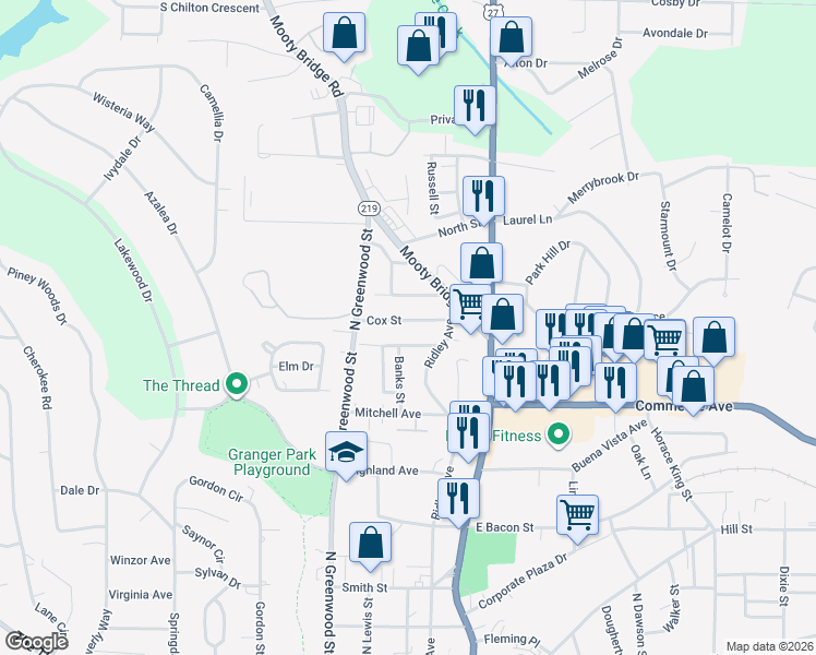 map of restaurants, bars, coffee shops, grocery stores, and more near 112 Cox Street in LaGrange