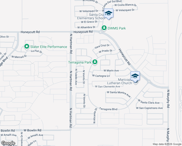 map of restaurants, bars, coffee shops, grocery stores, and more near 19032 North Alicante Street in Maricopa