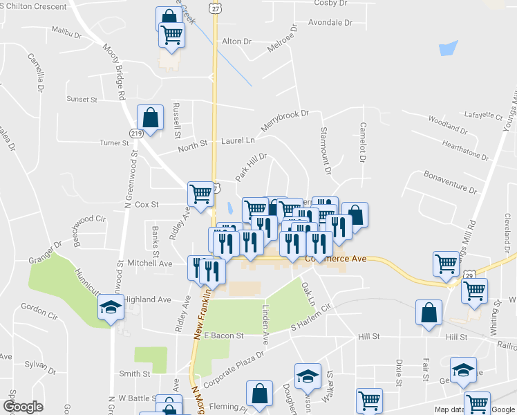 map of restaurants, bars, coffee shops, grocery stores, and more near 226 Hickory Terrace in LaGrange