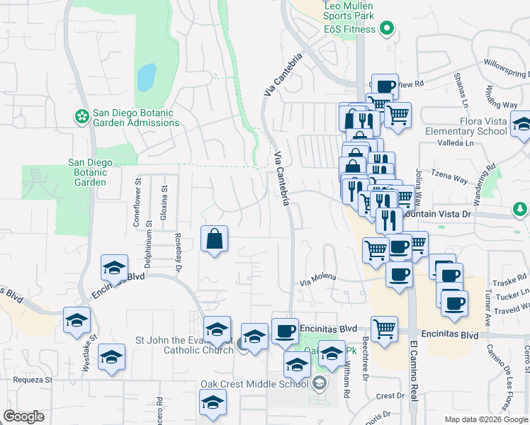 map of restaurants, bars, coffee shops, grocery stores, and more near 449 Sandalwood Court in Encinitas