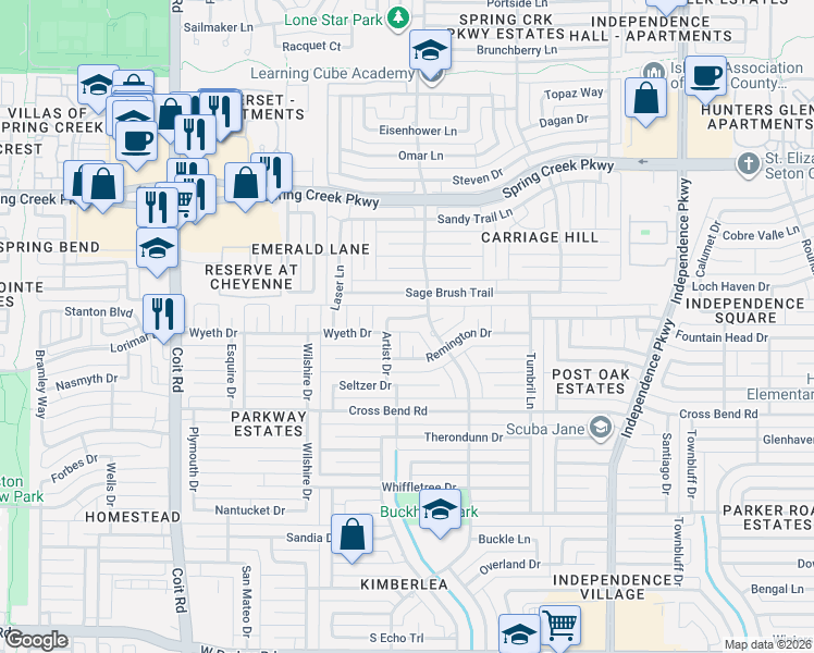 map of restaurants, bars, coffee shops, grocery stores, and more near 3517 Fredmar Lane in Plano