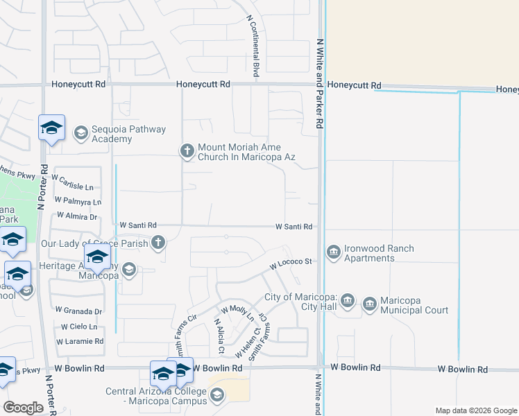 map of restaurants, bars, coffee shops, grocery stores, and more near 18888 North Jericho Road in Maricopa